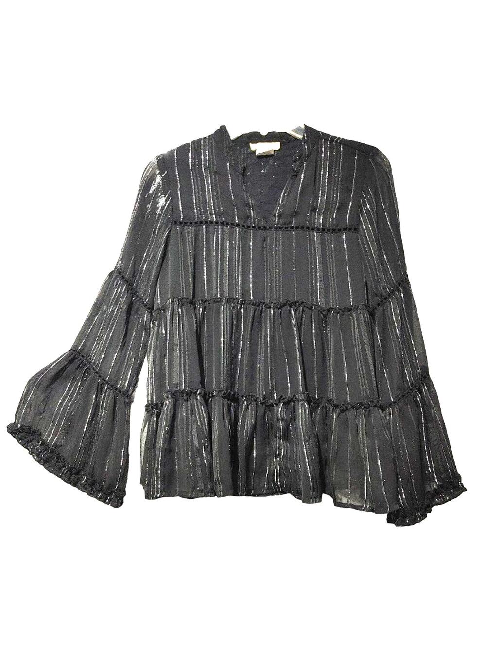 Sweet Magnolia Tiered Bell Sleeve Peasant Blouse Black Silver Metallic Womens S